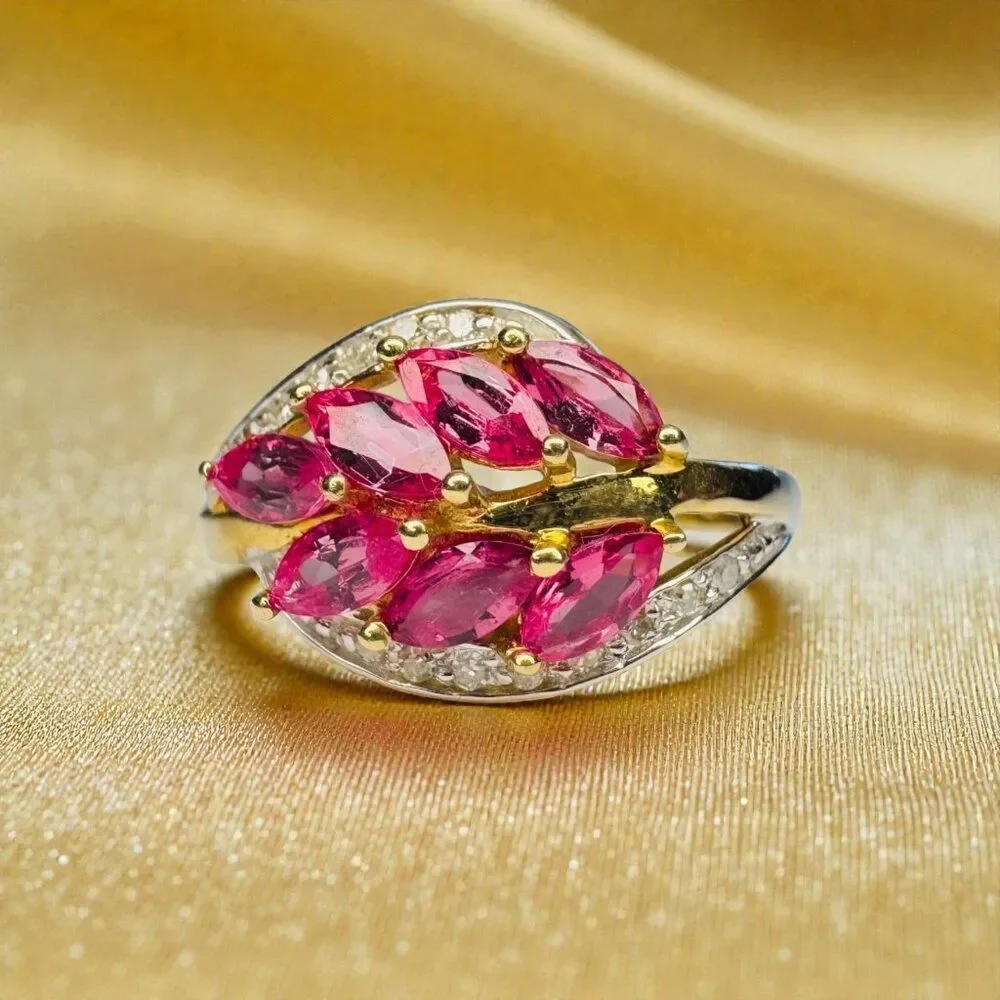 VINTAGE- 10K Gold- Marquise Ruby & Diamond Ring -Size 8- 1.35cttw Leaf Ring 3g